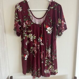 Latched Mama‎ Floral Burgundy Scoop Neck Short Sleeve Top Petite 00-6 nursing